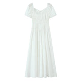 Daiiibabyyy  Holiday White Bow O neck Elastic Body Puff Sleeve Long Dress Women Slim Ruched Waist A-lined Swing Dresses Summer Robe Vestidos