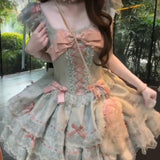 DAIIIBABYYY  -  Lolita Style Sweet Contrast Color Dress Women Flying Sleeve Cute Fairy Dresses Kawaii Japanese Lace Patchwork Bow Vestidos
