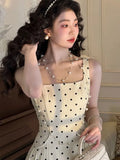 DAIIIBABYYY  -  Elegant French First Love Gentle Style Kikyo Square Neck Polka Dot Dress Retro Style Slimming Strap Dresses
