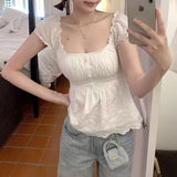 Daiiibabyyy  French Style Sweet Square Collar Short Blouse Female Clothing Solid Color Summer Puff Sleeve Lace Stylish Hollow Out Slim Shirts