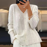 DAIIIBABYYY  -  Female V-neck Single Breasted Cardigan New Autumn Sequined Long Sleeved Loose Sweater Elegant Solid Color Commuting Sweater Coat