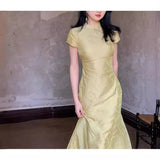 DAIIIBABYYY  -  Elegant Chinese Dress For Women Summer Youth Style Stand Collar Long Soft Dress New Chinese Zen Style Cheongsam