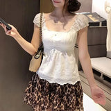 Daiiibabyyy  French Style Sweet Square Collar Short Blouse Female Clothing Solid Color Summer Puff Sleeve Lace Stylish Hollow Out Slim Shirts