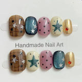 Daiiibabyyy  10pcs Handmade False Nails Art Blue Gradient Short Square Round Press on Nails Tips Cute Bow Button Fake Nail Set Denim Manicure