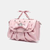 Daiiibabyyy  Elegant Pink Bow Rhinestone Underarm Bag Sweet Lolita Pleated Shoulder Bags Portable Bow Handle Handbag Cute Ita Purse Trendy