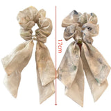 Daiiibabyyy  1PC Chiffon Scrunchies with Bow & Pearl: Watercolor Print Hair Ties for Women, Elegant Hair Accessories for Daily & Party Looks