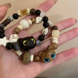 Daiiibabyyy Cute Natural Stone Black Cat Bracelet for Women Men Fashion Cartoon Animal Beaded Bracelets Handmade Fashion Girl Jewelry Gifts