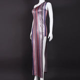 Daiiibabyyy  Fashion Hollow Irregular Slim Skinny Long Dress Elegant Striped Stamped Party Dresses Women Sexy Slant Neck Split Bodycon Dress
