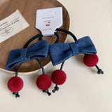 Daiiibabyyy  Cowboy Fabric Bow Cherry Hair Clip Korean Style Cute Trendy Unique Clip Ponytail On The Side of The Bangs Headband Accessories