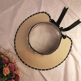DAIIIBABYYY  -  New Vintage Pearl Empty Hat Bow Streamer Adjustable No Top Hat Holiday Simple Generous Sun Protection Beach Hat Women
