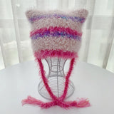 Daiiibabyyy  Cat Ear Contrast Stripe Handmade Crochet Plush Hat Children's cute ear protection warm imitation mink wool cap in winter