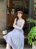 Daiiibabyyy  Korean Style Dress Set Women Spring Gentle Long Plaid Slip Dress Layered Lace Long Sleeve T-shirt Two Piece Set Women Outfits