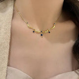 Daiiibabyyy  Delicate Blue Water Drop Zircon Necklace for Women Vintage Metal Wave Splicing Necklace Rings Wedding Party Jewelry Gifts
