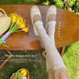 Daiiibabyyy  Women's Summer Spring Long Socks Jk Lolita White Bow Lace Harajuku Fashion Kawaii Sweet Style Girls GiftPile Pile Calf Socks