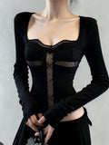 Daiiibabyyy  Vintage Gothic Cross Hollowed Out Long Sleeve Square Neck Top Women Autumn Winter Slimming T-Shirt Instagram