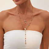 Daiiibabyyy  Cross Colorful Crystal Necklaces For Women Simple Gold Silver Color Y-Shaped Pendant Necklace Set New Christian Jewelry