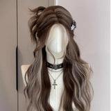 Daiiibabyyy  Brown Ash Highlight Long Water Wave Synthetic Wig Middle Part Face Framing Women Y2K Street Party Sweet Costume Hairpiece