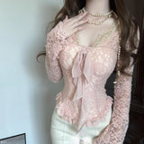 Daiiibabyyy  Spring Autumn Bow Strap Pink V-neck Long Sleeved Lace T-shirt Women Slim Fit Waist Cinching Design Base Top