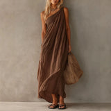 Daiiibabyyy  Cotton Linen Casual Pocket Solid Long Dress Elegant Draped Hight Waist Women Dress Sleeveless Slanted Shoulder Loose Party Dress
