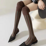 Daiiibabyyy  1pc Loose Mouth Vertical Stripe Stockings Knee-high Stitching Slimming Piled Women's Socks 2025 New Fashion Autumn Winter