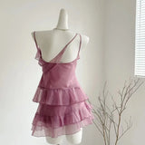 DAIIIBABYYY  -  Sweet Hot Girl Purple Suit Women's Summer Strap Ruffled Camisole Sexy Flower Backless A-line Short Skirt Fashion Two-piece Set
