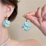 Daiiibabyyy  Summer Fresh Sky Blue Crack Texture Petal Tassel Dangle Earrings for Women Sliver Tone Korean Temperament Vacation Jewelry Gifts