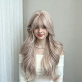 Daiiibabyyy  Long Wavy Pink Synthetic Wig with Bangs For Women Daily Wear Lolita Cosplay Heat-Resistant Natural For Women party Daily Use