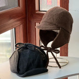 Daiiibabyyy  Autumn and Winter New Plain Weave Ear Protector Baseball Cap Men's and Women's Short Brim Outdoor Warm Riding Woolen Bomber Hats