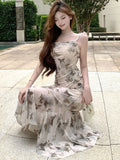 DAIIIBABYYY  -  New Print Mesh Sling Long Dress Summer Elegant Beach Style Holiday Dress Women Korean Fashion Bodycon Ruffled Mermaid Dress