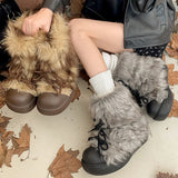 Daiiibabyyy  Plush Round Toe Women's Snow Boot Lace-Up Thick Bottom Keep Warm In Winter Women Boots Fashion Outdoors Young