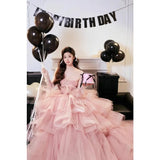 Daiiibabyyy  Princess Pink Wedding Dresses Photo Shooting Dresses Sweetheart Strapless Tiered Tulle A-line Ball Gown for Birthday Customized