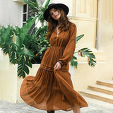 Daiiibabyyy Lantern Sleeve Flippy Hem Dress V-neck long sleeve spring summer dress new maxi boho dress women