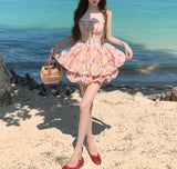 Daiiibabyyy  Vacation Style Floral Oil Painting Mini Slip Dress Female Clothing Hotsweet Summer Fashionable Lace Drawstring Ball Gown Dresses