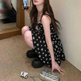 Daiiibabyyy  Black Korean Broken Flowers Slip Dresses Summer Vacation Style Female Clothing Printed Waist A-Line Elegant Vintage Mini Dress