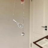 Daiiibabyyy  Fashion Silver Color Badminton Racket Pendant Necklaces for Women Luxury Metal Zircon Round Bead Clavicle Chain Necklace Jewelry