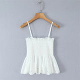 Daiiibabyyy  Spicy Girl Embroidered Hollow Pleated Camisole With Elastic Waist Skirt White Eyelet Embroidery Top And Ruffle Mini Skirt ZM2N