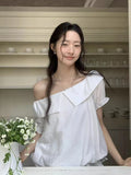 DAIIIBABYYY  -  2025 Korean Chic Summer New Style Romantic Texture Temperament Off Shoulder Ruffle Edge Short Sleeved Shirt Top