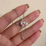 DAIIIBABYYY  -  Crystal Angel Wings Heart Pendant Necklaces Ladies Girl Simple Y2K Pink White Zircon Love Elegant Necklace Women Jewelry
