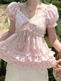 Daiiibabyyy  Sweet Temperament Flower Print V Neck Puff Sleeve Bow Ruffles Bandage Women Blouse