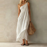 Daiiibabyyy  Cotton Linen Casual Pocket Solid Long Dress Elegant Draped Hight Waist Women Dress Sleeveless Slanted Shoulder Loose Party Dress