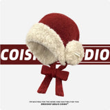 Daiiibabyyy  Korean Niche Lambs Wool Knitted Pullover Hat Thickened Warm Ear Protection Lace-up Winter Outdoor Riding Bomber Hats for Women's