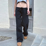 Daiiibabyyy  Women's Streetwear Black Pants Solid Loose Fit Drawstring Waist Trousers Wide Leg Woven Casual Pants Low Waist Cargo Pants
