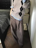 Daiiibabyyy  Brown Wide Leg Women Suit Pants Vintage Button Pleated Old Money Style Straight Trousers Baggy A-Line Basic Casual