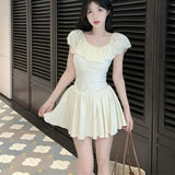 Daiiibabyyy  Ruffled One-length Necklace Spliced A-line Dress with Pleated Waist Design Sweet