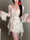 DAIIIBABYYY  -  Women's Fairy Dress New French Square Collar Long Sleeve Sweet Floral Print Dresses Fashion Ruffled Beach Vocation A-Line Frock