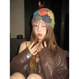 Daiiibabyyy  Ladies' Pullover Hats Korean Sweet Colored Flowers Hollow Fashionable Versatile Trendy Exquisite Gentle Knitted Hats For Girl
