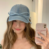 DAIIIBABYYY  -  New Sweet Bow Hot Diamond Love Denim Baseball Caps Unisex Korean Version Niche Ins Popular Casual Versatile Women's Hats