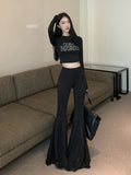 DAIIIBABYYY  -  Lounge Stitch Tulle Yoga Pants Women Black Solid Slim Bootcut High Waist Bell Bottoms Workout Leggings Female Clothes