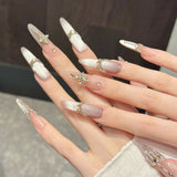 Daiiibabyyy  10pcs Handmade Long Oval Press On Nails Ice Blue 3D Butterfly Flower Design False Nail Tips For Wedding Wearable Fake Nails