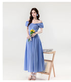 Daiiibabyyy  New Summer French Elegant Sexy Slash Neck Simple Summer Dress Women's Slim Waist Fuff Short Sleeve Solid Long Evening Dress